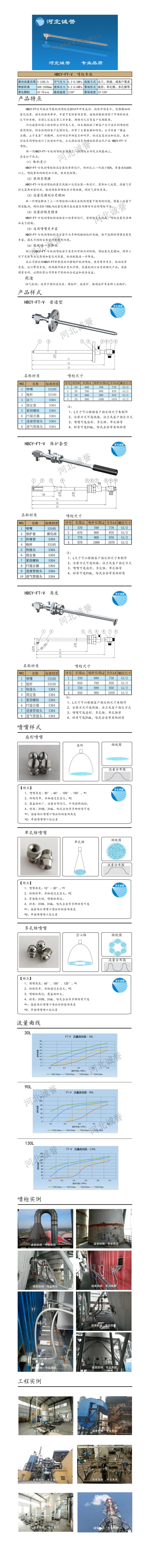FT-V脫硝噴槍、保護(hù)套、噴槍參數(shù)、材質(zhì)尺寸、流量分布圖、扇形空心錐俯視圖介紹，以及噴槍霧化視頻展示和工程案例介紹